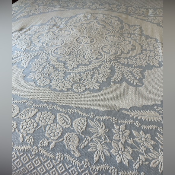 COTTON WOVEN KING BLUE CREAM 6” FRINGE MEDALLION BEDSPREAD 115x115” - Picture 6 of 8